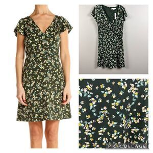 Ann Taylor Loft green ditsy mini floral bouquet v neck faux wrap dress
